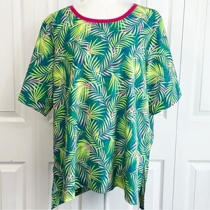 Lands' End Green Tropical Palm Leaf Print Short Sleeve Sun Shirt XL
